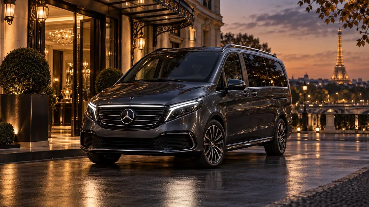 Van Mercedes EQV 100% électrique 7 places pour transferts aéroports et trajets privés à Paris - Onyx Drive Paris