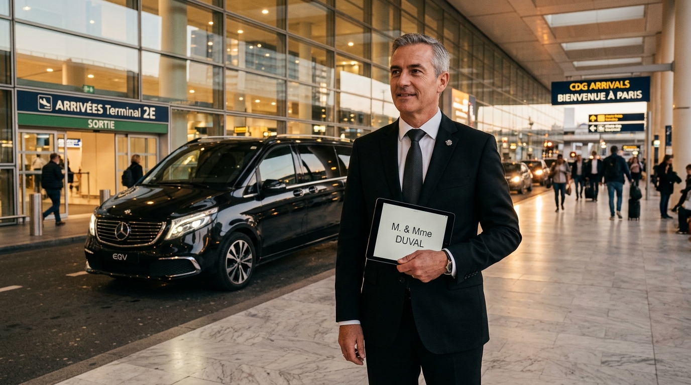 Accueil chauffeur privé VTC avec pancarte aéroport CDG