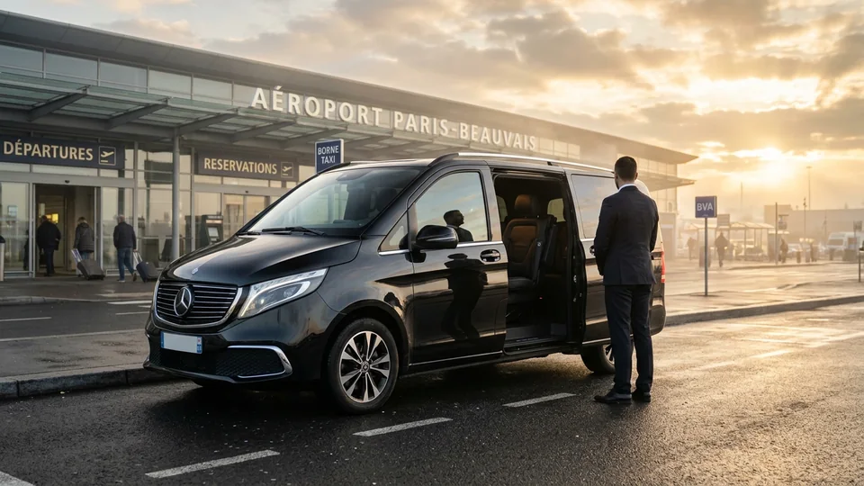 Chauffeur devant un van Mercedes à l'entrée de l'aéroport Paris-Beauvais
