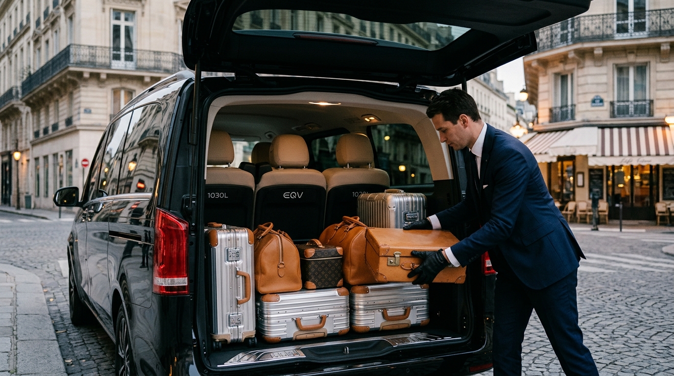 Coffre grand volume XL Mercedes EQV, 1030 litres et bagages aéroport
